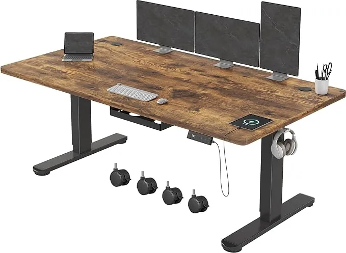 Devoko Escritorio Elevable Eléctrico 160 x 80 cm de Carga USB A, Escritorio Ajustable en Altura con Tablero, 3 Función de Memoria y Anticolisión, Regulable en Altura 72-118cm, Marrón