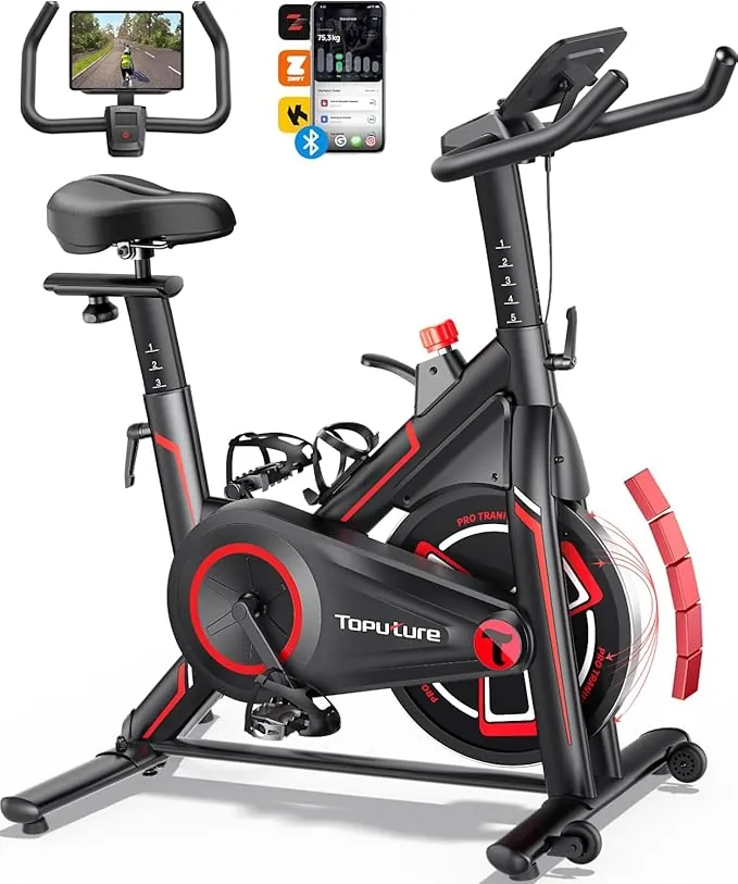 Toputure Bicicleta Estatica Magnética con APP, Bicicleta de Spinning Ultral Silenciosa con Volante 15KG, Asientos Cómodos y LCD Pantallas, Soporte para Tableta, Ejercicio en Casa, MAX150KG