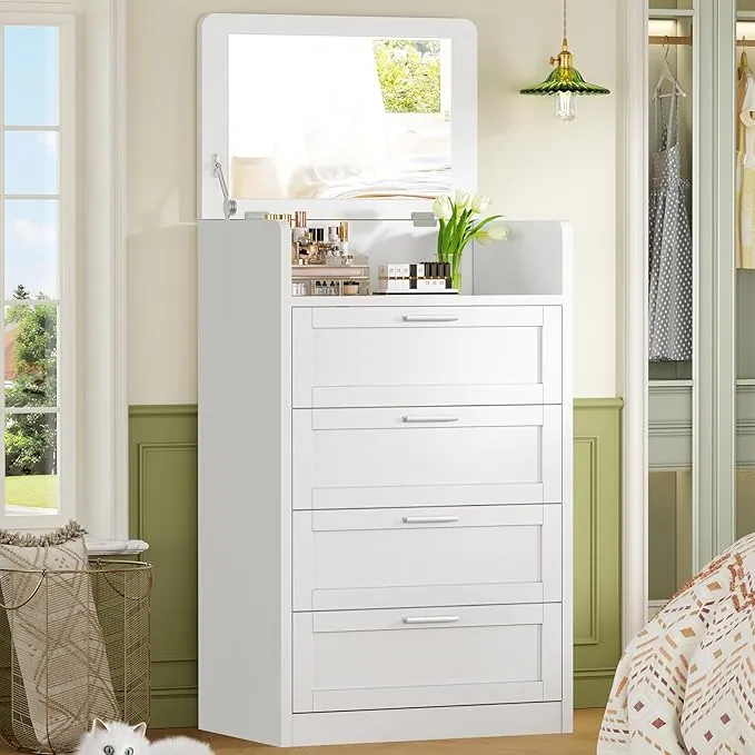 TEENFON Cómoda Alta con Espejo de Tocador, Cómoda de 4 Cajones para Dormitorio/Salón/Pasillo, Armario de Almacenamiento con Espejo de Maquillaje, Multifuncional & Organizador, Blanco