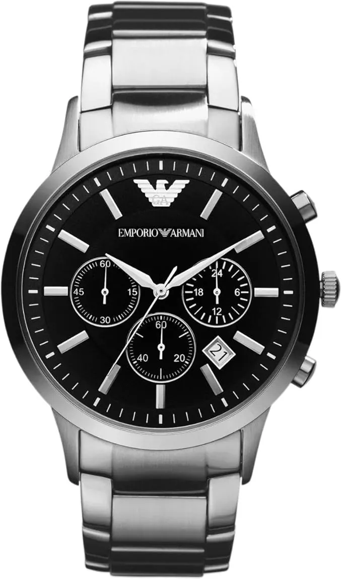 Emporio Armani Reloj Hombre, Movimiento Cronógrafo con 3 subesferas y Caja de 43mm con Correa de Acero, Piel o Silicona