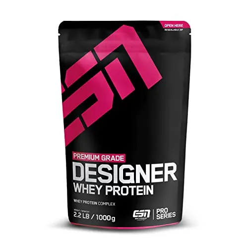 ESN Designer Whey Protein Powder, Fresa, 1 kg, hasta 23 g de proteína por porción, ideal para desarrollar y mantener la masa muscular - made in Germany