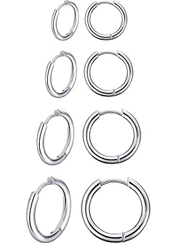 4 Pares Pendientes de Aro de Acero Inoxidable Anillos de Labios Nariz Pendientes de Aro Pequeños de Cartílago para Hombre y Mujer (8 mm, 10 mm, 12 mm, 14 mm, Color de Acero)