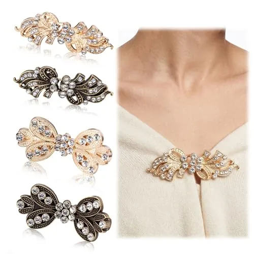 JYXNU 4 Piezas Clips de Chal de Suéter Vintage con Broches Sin Costura Clip de Cárdigan de Metal con Diamantes de Imitación Pinzas para Bufanda, Oro y Cobre