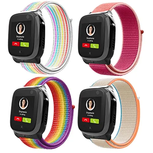 Snyeest 4-Piezas Correa Compatible con Xplora X5 /XGO 2/XGO 3, orrea de Reloj Deportivo de Nailon de Repuesto Ajustable y para Niños y Niñas con X5 Play/XGO 2/XGO 3,Arco iris+Rojo+Neón+Leche