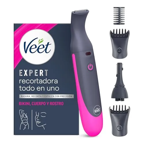 Veet Recortadora Todo en Uno, Bikini y Cuerpo Completo, Cara y Cejas, Rasuradora Mujer Zona Íntima Resistente al Agua, Con 2 Cabezales y 4 Peines para precisión, con Cargador USB
