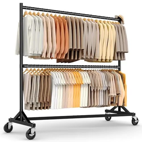 HOKEEPER Burro de Ropa Comercial Resistente de Doble Barra, Base en Z con Ruedas, 250kg, Altura Ajustable para Tiendas, Boutiques, Dormitorio, Negro