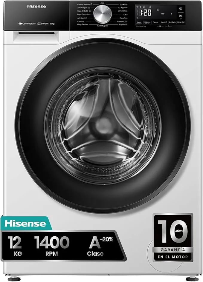 Hisense WF3S1243BW3, Lavadora, 12 Kg, Class A-20%/D, 1400 RPM, Ancho 60- cm, 19 Programas, PureJet, Blanco