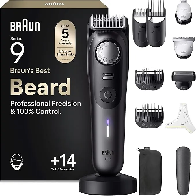 Braun Recortadora de Barba Series 9 BT9565, Barbero Recargable Resistente al Agua, +14 Accesorios para Barba, 180 Min de Autonomía, 52 Longitudes, Lámina Ultra Afilada, Titanio