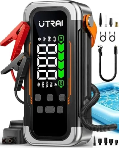 7000A Arrancador de Baterías de Coche con Compresor de Aire y Soplador,UTRAI 12V Arrancador de Coche Portatil con 30W PD,Luz de Emergencia,Pantalla LCD,800-Lumen LED (Todo Gas/12,0L Diésel)