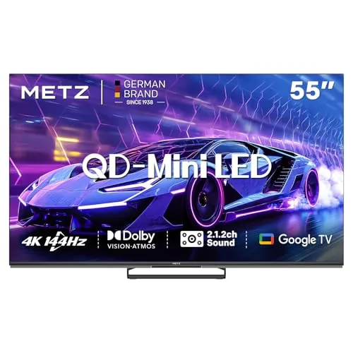 Metz Mini LED TV, TV 55 Pulgadas, MNE8000Z, QLED, 144Hz, 4K HDR, Local Dimming, Dolby Vision, Dolby Atmos, Modo Juego, Modo Deportivo ALLM, VRR, MEMC (Nuevo 2025)