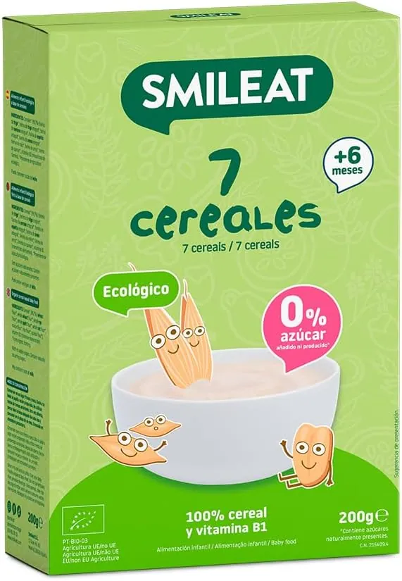 Smileat - Papilla para peques Ecológica de 7 Cereales - Sin Azúcar Añadido - Ingredientes Vegetales - Fácil de Diluir y Preparar