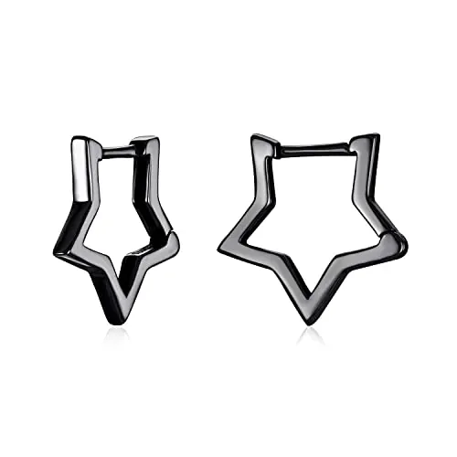 Pendientes de Aro Estrella Pequenos - Qings Plata de Ley 925 Geométrico Aros Antialergicos Cartilago en Forma de Estrella Mini Huggie Hoop Pendiente Regalo de Cumpleaños para Mujer Niña - Negro