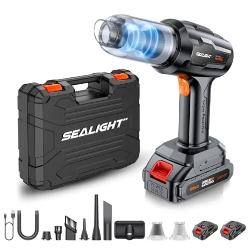 SEALIGHT Aspirador de Mano 50000Pa, Aspiradora de Coche con 60 min de Duración, 2 Pilas Recargables, Motor sin Escobillas para Pelo de Mascotas, Coche, Hogar