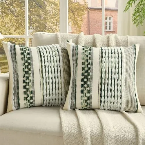 Ystyle Juego de 2 Boho Funda Cojin 50x50, Fundas Cojines Decorativa con Rayas y Textura Tufted Suave, Fundas de Cojines para Decoración del Hogar Sofá Dormitorio, Verde Oscuro