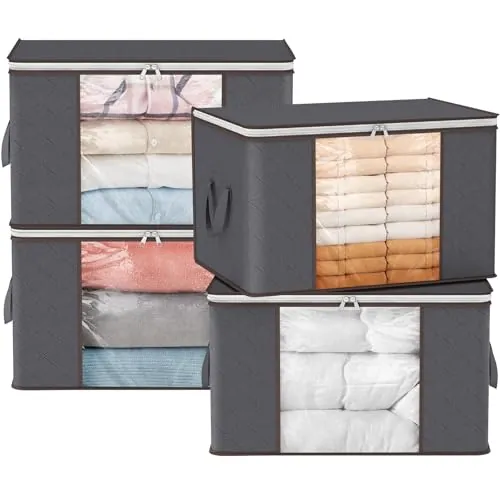 Lifewit Cajas Almacenaje Ropa, Bolsa almacenamiento ropa, Organizador Armario Plegable, Cajas Mudanza, Bolsas con Asa Reforzada para Guardar Ropa, Mantas, Edredones, Gris, 90L, 4 Piezas