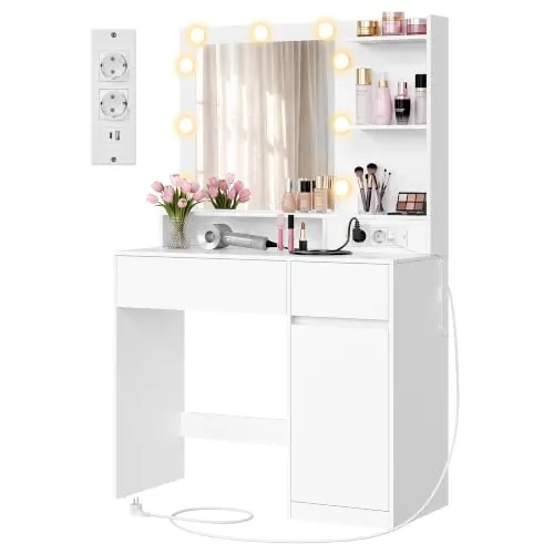 VASAGLE Tocador de Maquillaje con Luz, Mesa de Maquillaje con Espejo y Cajones, Escritorio con Enchufe y Puertos USB, 80 x 80 x 144,3 cm, Blanco Nube, Colección Kailyn RDT242WB01