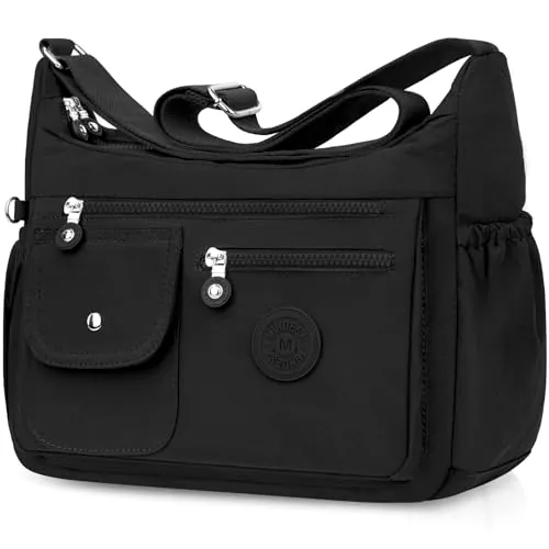 BTNEEU Bolso Bandolera Mujer Grande Nylon Bolso Cruzado Impermeable Bolsos Multibolsillos Crossbody Bag Mediano con Correa Ajustable Casual Ligero Bolsos de Mano para Escuela Viaje Trabaja (Negro)