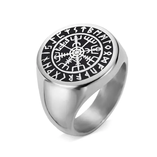 Amaxer Vikingo Brújula Vegivisir Signet Anillo para Hombres Vintage Rúnico Nórdico Símbolo Nórdico Talismán Amuleto Acero Inoxidable Punk Declaración Anillo (Plata, 20mm)