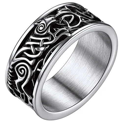 FaithHeart - Anillo de acero inoxidable con cabeza de lobo peronizado con anillo de dedo Rune Retro Viking Wolf con nudo celta Viking Anillo para hombre y hombre, 59, Acero inoxidable, Sin piedras