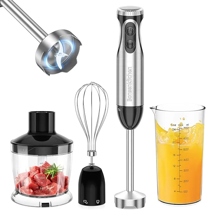 Bonsenkitchen batidora de mano multifunción 4 en 1 1000 W, 20 velocidades ajustables, con batidor, picadora de 500 ml y vaso medidor de 700 ml, procesador de alimentos