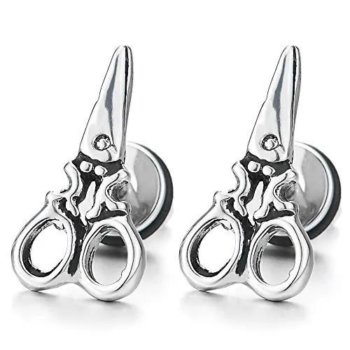 Vintage Tijeras Pendientes de Hombres Mujer, Acero Inoxidable, Estilo Retro, Cierre Tornillo, 2 Piezas