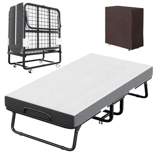 CAIYUN Cama de invitados plegable con colchón (100 x 190 cm), colchón de 13 cm de grosor, cama plegable de hasta 200 kg, cama plegable estable sobre ruedas con funda protectora para adultos y oficina