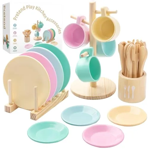 GAGAKU Juego de cocina de madera para niños - Set de vajilla de té de 27 piezas de madera para niños con soporte de almacenamiento, juguete Montessori para niños de 3 a 5 años, juguete educativo para