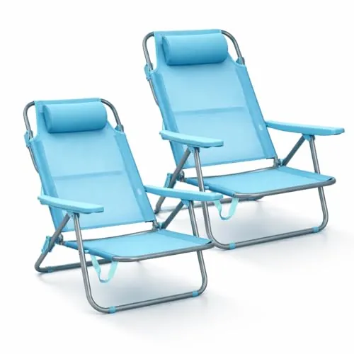 RR Pack de 2 Sillas de Playa Reclinables Plegables con Reposacabezas | Sillas Portátiles para Jardín, Camping, Piscina, Terraza | Estructura de Acero Ligera y Tela Transpirable Resistente