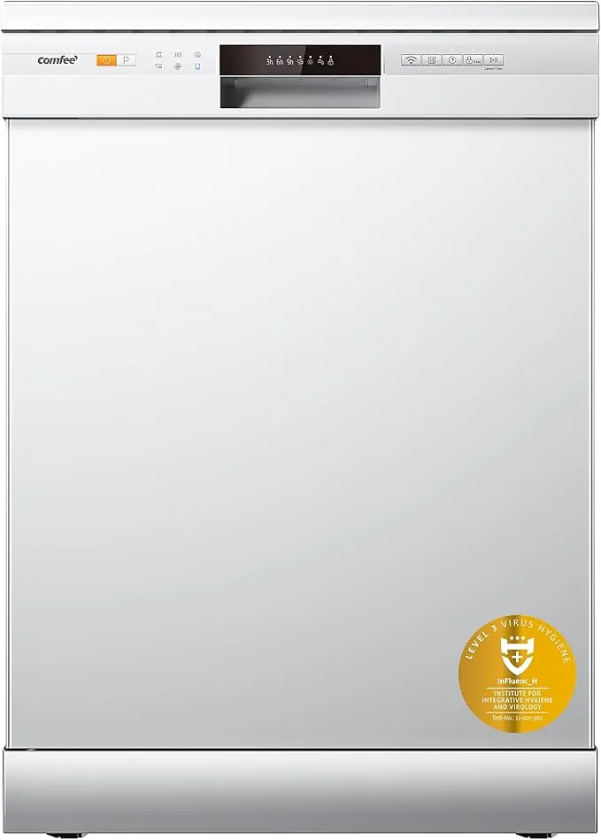 COMFEE' CDWPF1201PW-WE-EU Lavavajillas de Libre Instalación, 60cm, 55dB con 12 Cubiertos, 8 Programas, 70 ℃ Lavado higiénico, Control por botón, IOT Función, Cloud Wash, Blanco