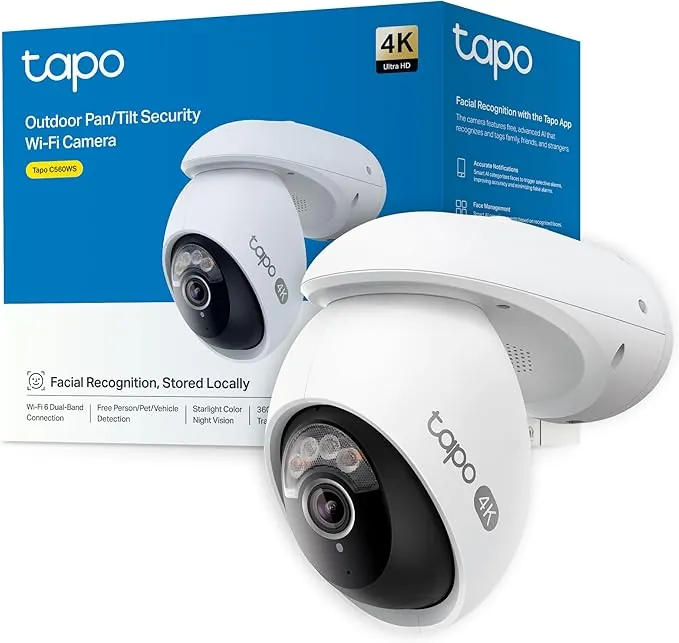 Tapo C560WS, Cámara de Seguridad Exterior Wi‑Fi 6 4K 8 MP, Pan/Tilt 360° AI, Visión Nocturna Color Starlight, Reconocimiento Facial, Zoom Digital 18×, Alarma Luz/Sonido, IP66, Audio Bidireccional