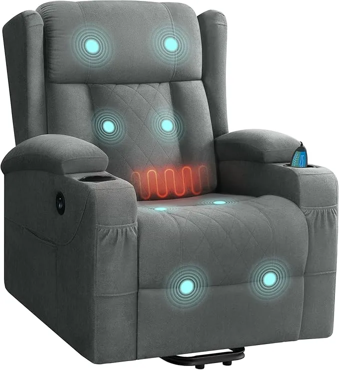 WOLTU Sillón Reclinable Eléctrico, Sillón Relax de Masaje con Ayuda para Levantarse, con Calefacción de Masaje, Reposapiés, Bolsillos, Portavasos, Puerto USB, Tela de Rizo, Gris, SKS61gr