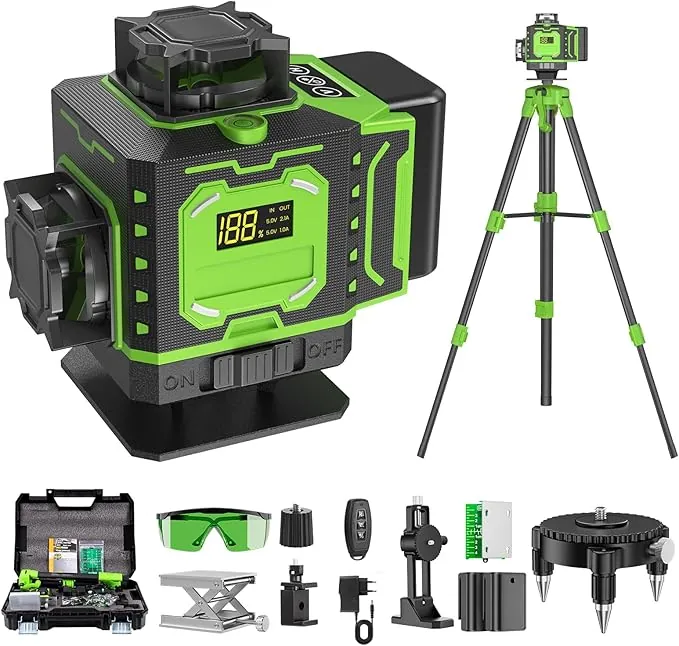 Nivel Laser Autonivelante 360 Grados, Nivel Láser Verde 16 Líneas, 2 x 360 Horizontal y 2 x 360 Verticales, 2 x Batería, Montaje en Pared, Control Remoto, Base Magnética, Soporte Giratorio
