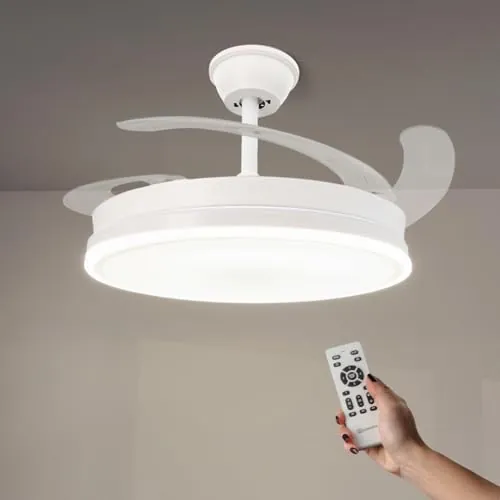 M mimotec - White Olga Ventilador de Techo LED 66W con Luz CCT Regulable y Control de Intensidad, Motor DC 30W+Luz Led 36W, Silencioso, 6 Velocidades, 4 Aspas Retráctiles, Temporizador.