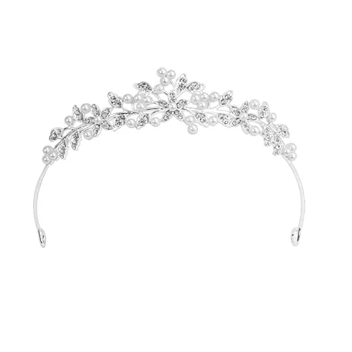 Corona de cristal con perla Exquisito y Encantador Tiara Corona De Cristal para Bodas, Novias, Damas De Honor, Baile De Graduación, Accesorios Para El Cabello(Plata)