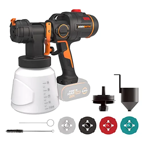 WORX WX020.9 Pistola Pulverizadora de Pintura 20V Brushless 20KPa Sin Batería, Boquillas Múltiples para Paredes, Muebles y Exteriores, Tecnología HVLP