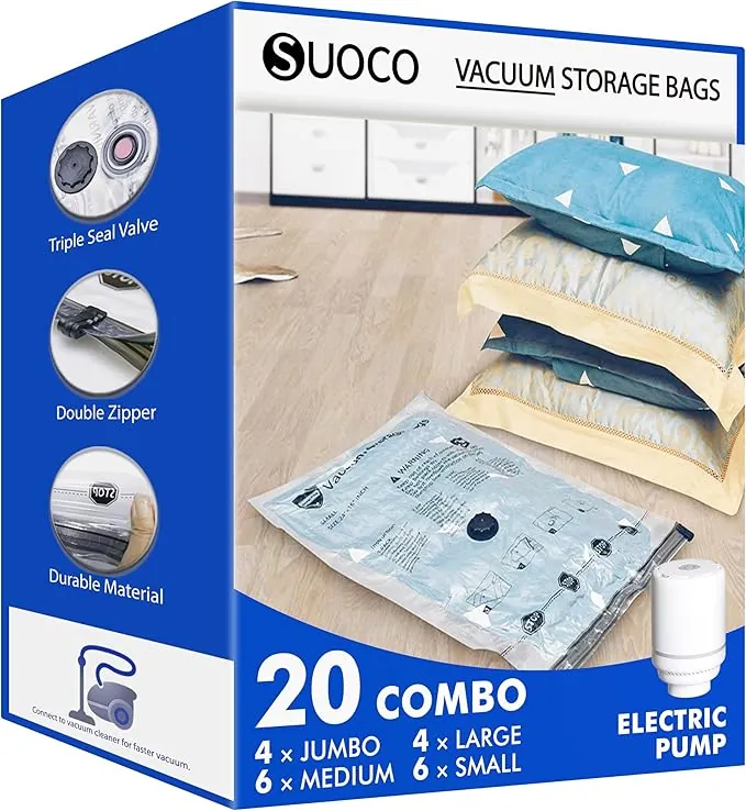 SUOCO Bolsas al Vacío Ropa, Juego de 20 Bolsas (4J + 4L + 6M + 6S) con Bomba Eléctrica, Bolsas de Almacenaje al Vacío para Ropa y Edredones, Viaje y Hogar, Resistente y Reutilizable
