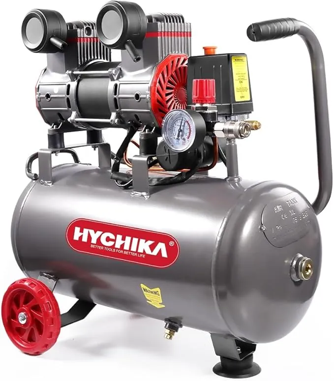 HYCHIKA Compresor Aire, Compresor Silencioso Portatil 8 Bar, 24L, 230V-240V, Sin aceite, 1100W Max, 24 Litros Compresor de Aire para Coche, Pulverización de pintura, Presión de escape regulable