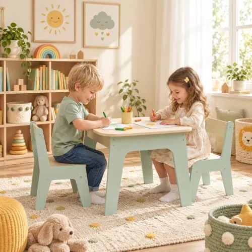 MAMIZO Mesa Infantil con 2 sillas, Doble tableros de Mesa, Grupo de Asientos con Espacio de Almacenamiento, Mueble Infantil para Habitación Infantil, Kindergarten, Sala Juegos, Verde