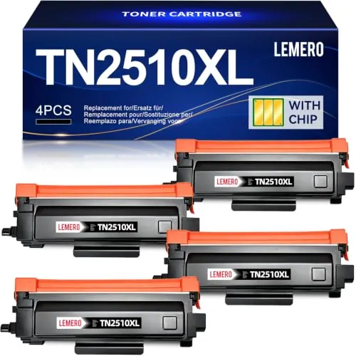 Lemero TN2510XL Tóner MFC-l2827dw MFC-l2800dw 3000 Páginas Negro 4 por Pack | Compatible con Brother MFC-l2827dw Tóner hl-l2400dw mfc-l2835dw hl-l2400dwe mfc-l2860dwe dcp-l2660dw hl-l2445dw 2510