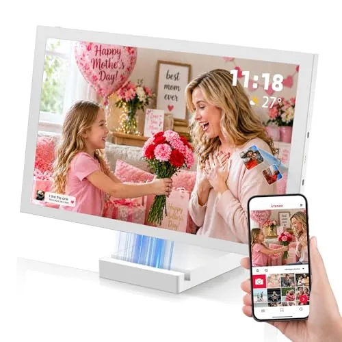 64G Frameo WiFi 10.1" Marco de Fotos Digital, Recargable e Inalámbrico con Batería 5000mAh, Base de Carga Inalámbrica, Pantalla Táctil HD IPS, Auto-Rotación, App Frameo