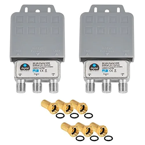 2 interruptores DiseqC 2/1 con carcasa de protección contra la intemperie HB-DIGITAL 2 x SAT LNB 1 x participante/receptor para Full HDTV 3D 4K UHD + 6 x conectores F chapados en oro