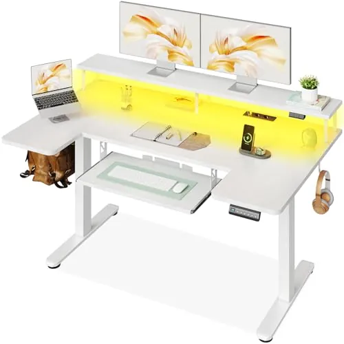 OffiGo Escritorio Eléctrico con Soporte Monitor 140×74 cm, Blanco | Cubierta forma en U, USB y enchufes integrados, Mesa elevable con 4 memorias, Escritorio regulable para oficina en casa