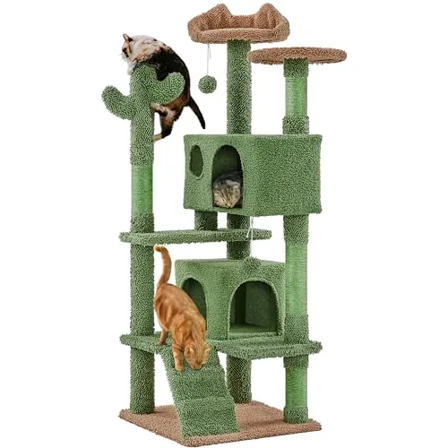 Yaheetech Árbol Rascador para Gatos de Cactus de Felpa 48,5x48,5x138 cm Torre Escalador de Sisal Multiplataforma para 1-3 Gatos Medianos con Cueva Grande Dos Bolas Verde y Marrón