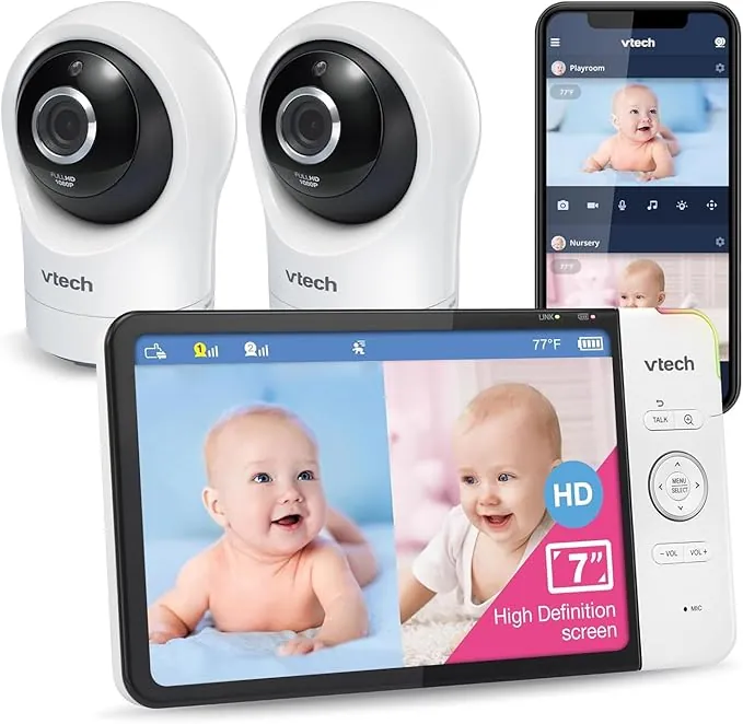 VTech vigilabebés WiFi Inteligente con 2 cámaras y Pantalla HD en Color de 7", cámara FHD de 1080p, aplicación Gratuita, inclinación Horizontal y Vertical y Zoom, Canciones de Cuna: RM7764-2HD