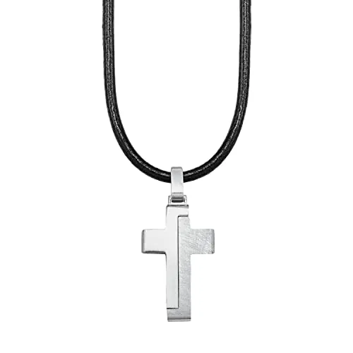 s.Oliver collar con colgante de acero inoxidable de cuero niños collar, 40+3 cm, plata, cruz, Viene en caja de regalo de joyería