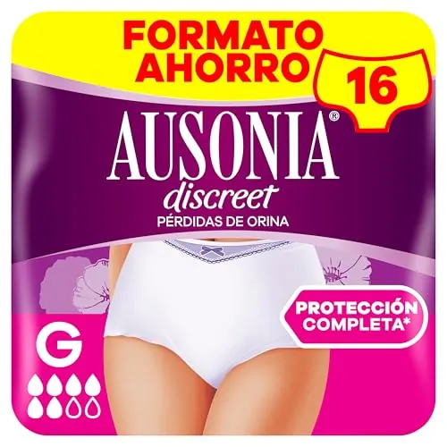 Ausonia Discreet Braguitas Para La Incontinencia Plus, Talla G, Pack de 16, Bloquea Pérdidas Y Olores, Cómodas Y Discretas