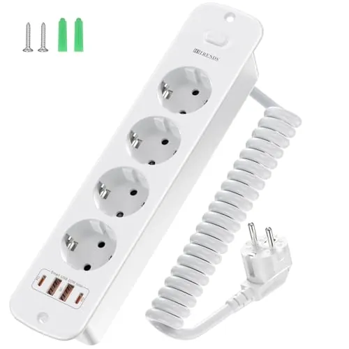 Enchufe Retráctil Empotrable, 4 Tomas, 2 USB-A y 2 USB-C, Espiral Cable 2 m, Blanco