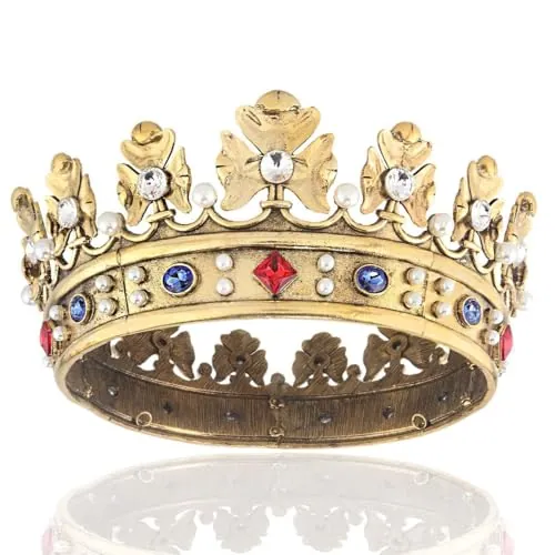 Corona real barroca para hombre, corona de cabello de metal con círculo completo, para el cabello para fiesta de cumpleaños (tamaño grande de 18,5 cm de diámetro, oro oscuro con piedra colorida)