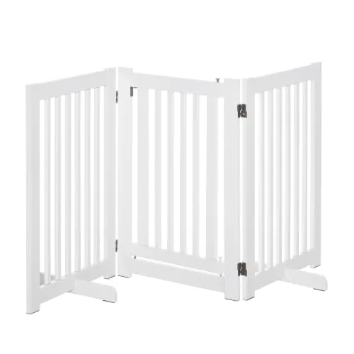 PawHut Barrera para Perros de Madera Valla para Mascotas 155x76 cm Blanco | Plegable, de 3 Paneles, con 1 Puerta, Patas de Apoyo, para Pasillo Escalera