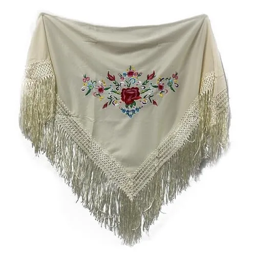 MUNDDY - Manton Bordado en Flores Para niña. Mantones Flamenco Sevillana.Mantón para fiesta de Color Rojo Negro Rosa Blanco Amarillo Azul. Envio desde madrid con seguimiento. … (Crema)